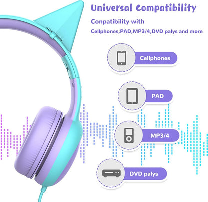 Kids Headphones with Limited Volume, Cat Ear Toddler Headphones, Wired Headphone over Ear for Boys and Girls,Stereo Sound Foldable 3.5Mm Headset for Children