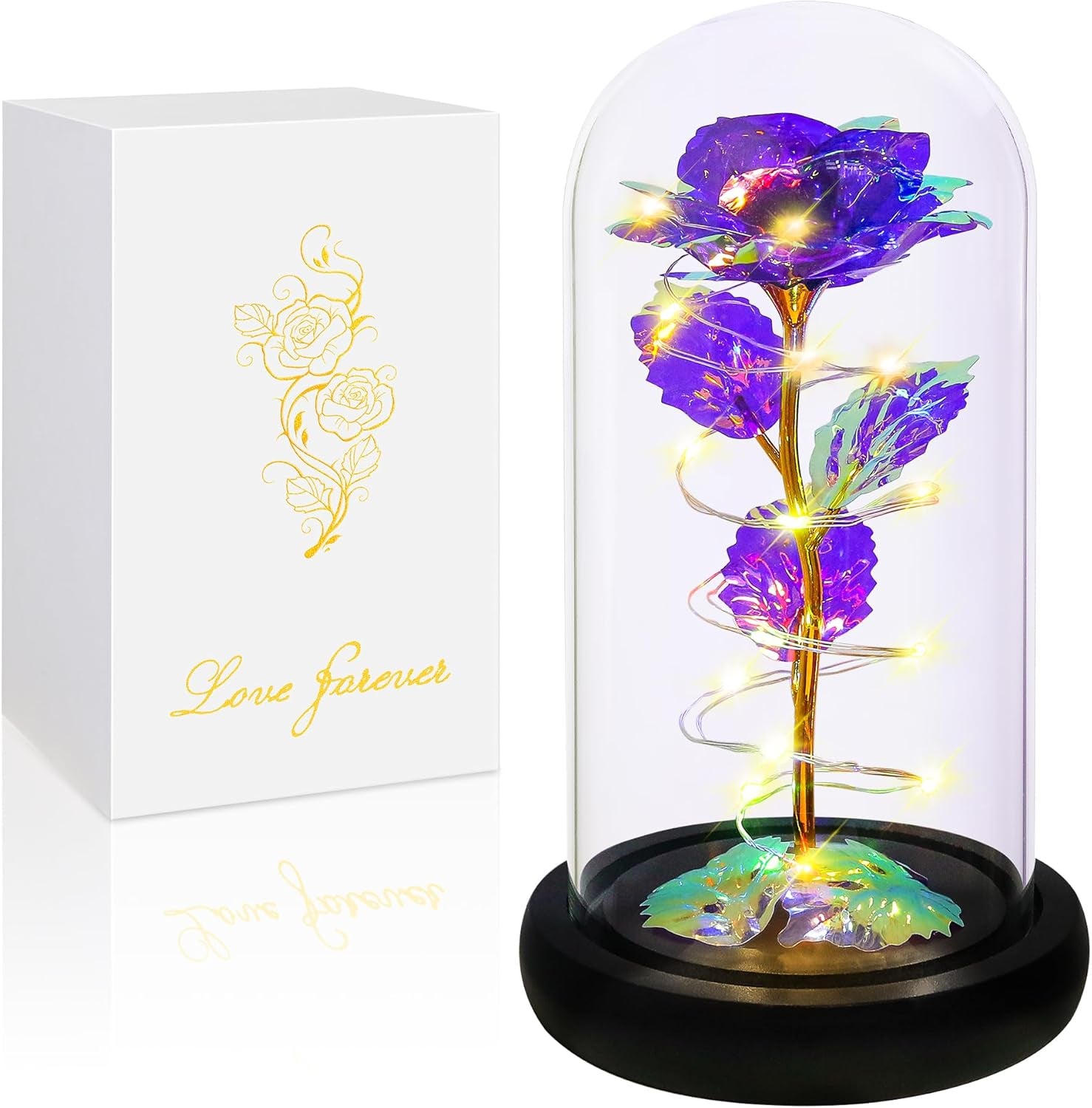 Birthday Gifts for Women,Flowers for Delivery Prime,Colorful Purple Light up Rose in a Glass Dome,Christmas Rose Gifts for Her Mom Women Wife Girl Grandma on Christmas Anniversary Valentines
