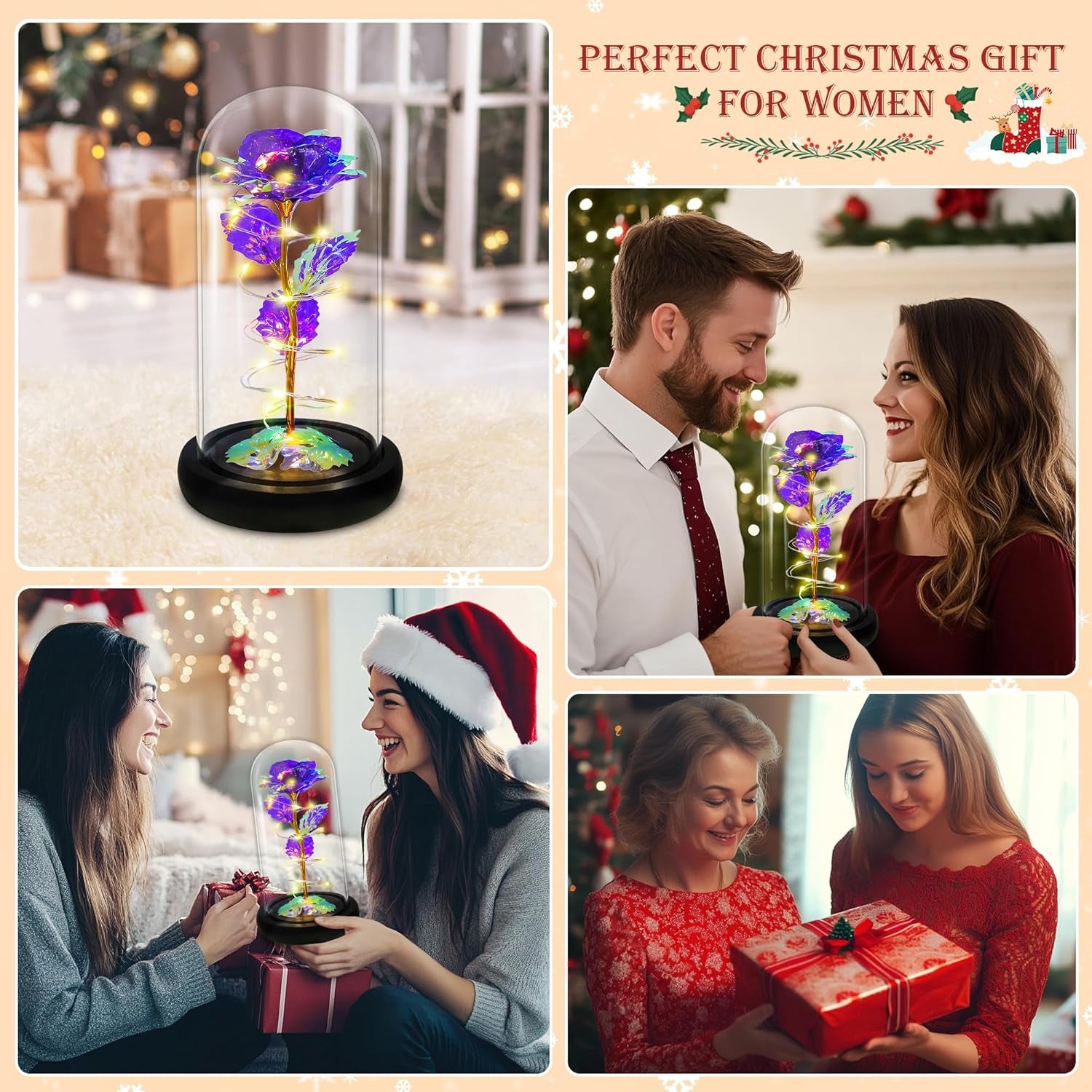 Birthday Gifts for Women,Flowers for Delivery Prime,Colorful Purple Light up Rose in a Glass Dome,Christmas Rose Gifts for Her Mom Women Wife Girl Grandma on Christmas Anniversary Valentines