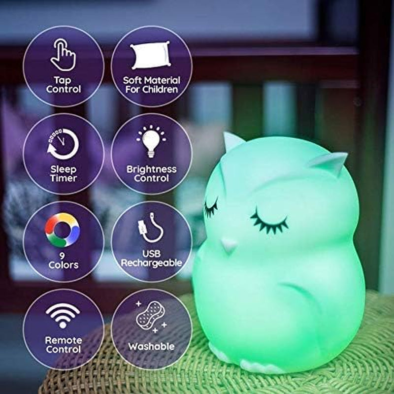 Remote Control Silicone Night Light for Kids - Owl Design with 9 Soft Colors & Sleep Timer - Rechargeable, Battery-Operated Lamp for Bedroom | Baby Nursery, Toddler, Girls, Boys