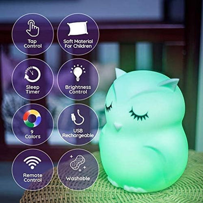 Remote Control Silicone Night Light for Kids - Owl Design with 9 Soft Colors & Sleep Timer - Rechargeable, Battery-Operated Lamp for Bedroom | Baby Nursery, Toddler, Girls, Boys