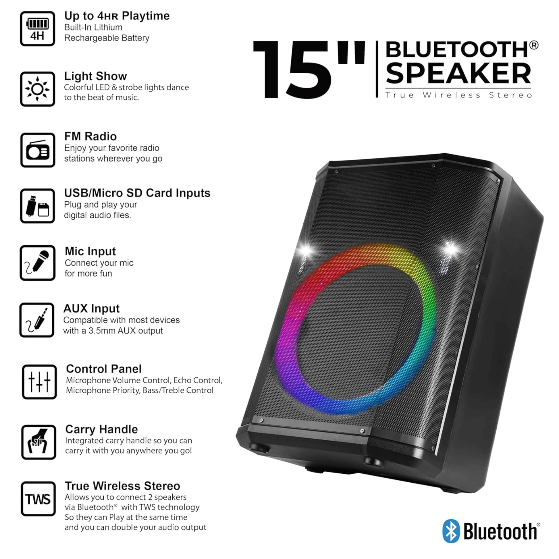 IQ Sound 15-Inch Portable BT Speaker with Tiltable Audio Enhancement