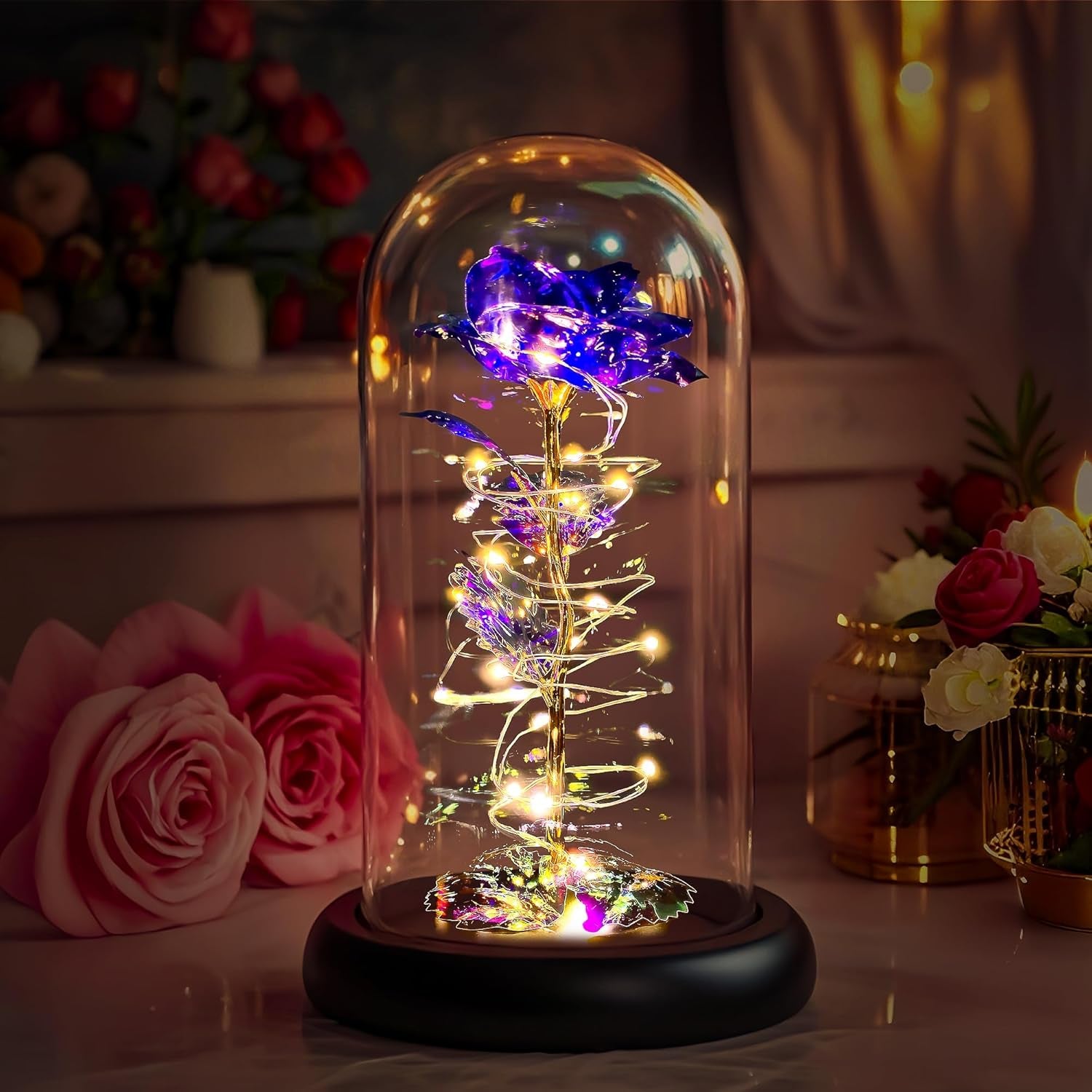 Birthday Gifts for Women,Flowers for Delivery Prime,Colorful Purple Light up Rose in a Glass Dome,Christmas Rose Gifts for Her Mom Women Wife Girl Grandma on Christmas Anniversary Valentines